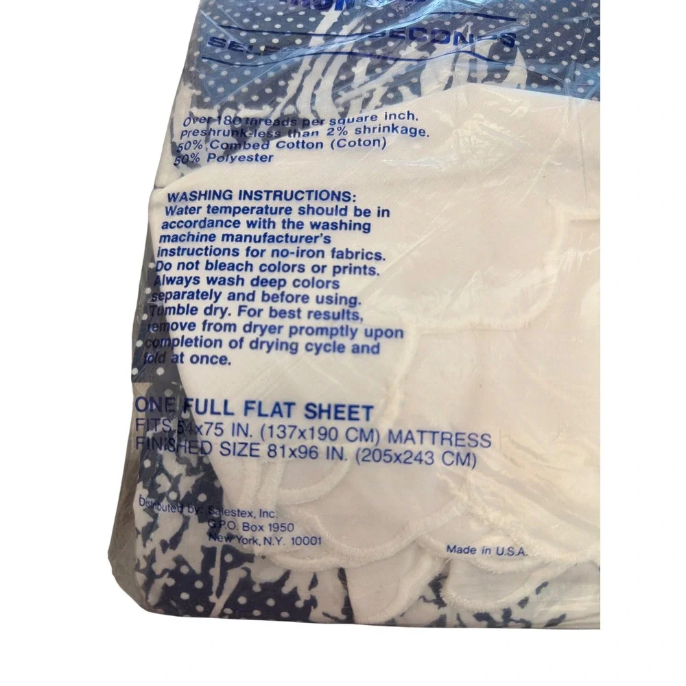Vintage Salestex Full Flat Sheet Navy Polka Dot Floral Cottagecore Retro MCM